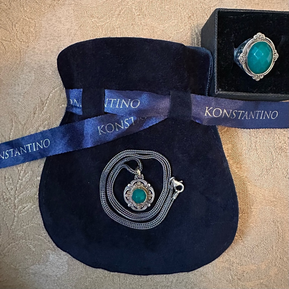 Konstantino Pendant Necklace and Ring. Sterling Silver, 18K Gold & Green Onyx